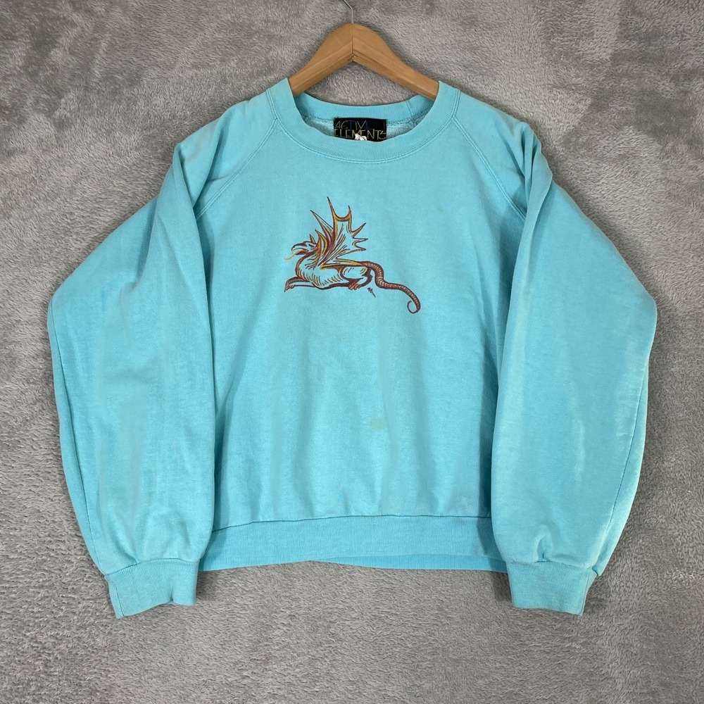 Active Elements Sweatshirt Kids Medium Turquoise‎ Dragon Graphic Vintage 90s